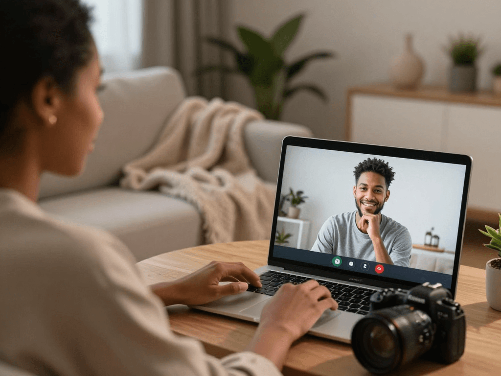 Diverse couple engaging in ai porn chat through screens in cozy home setting.