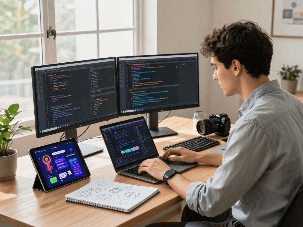 Developer using spicy ai technology in a bright office workspace, showcasing code and design tools.