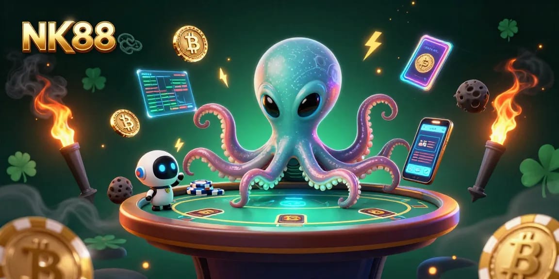 Engage in exhilarating gameplay at NK88, featuring a 3D alien octopus dealing cards in a futuristic casino setting.