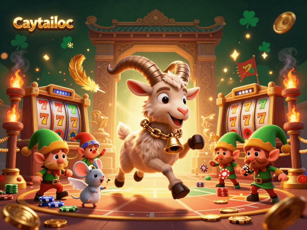 Caytailoc showcases a vibrant 3D casino scene with Krampus and playful characters amidst dynamic slot game elements.