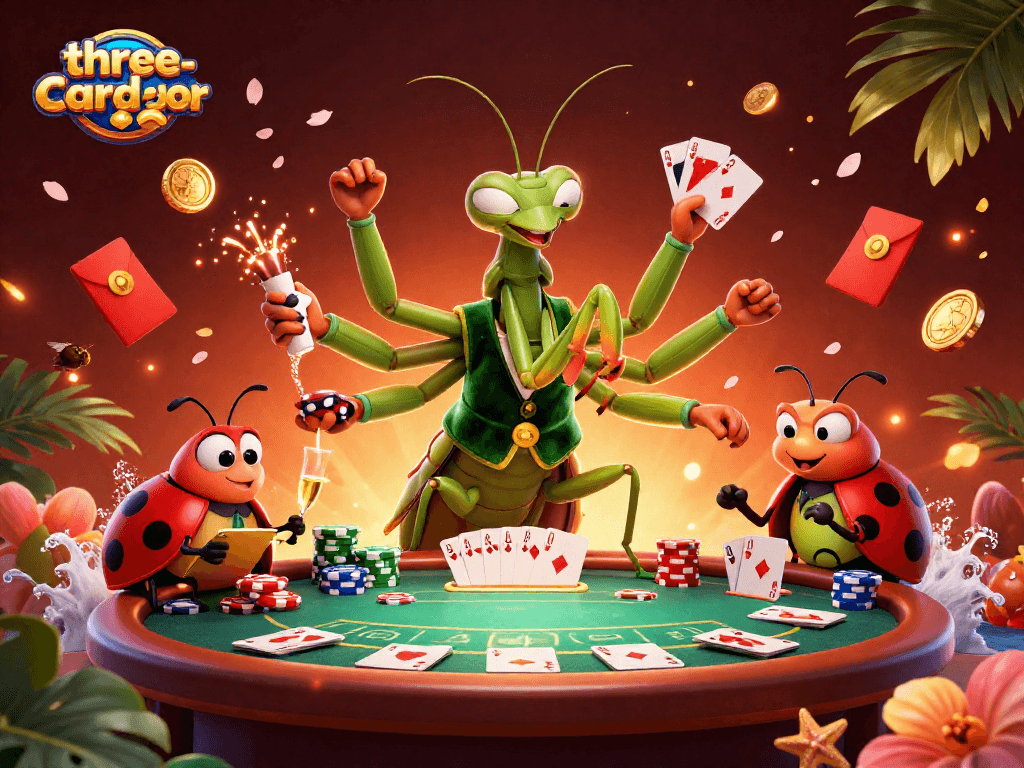 Engage in enthralling three-card-poker gameplay with an animated scene showcasing action and excitement.