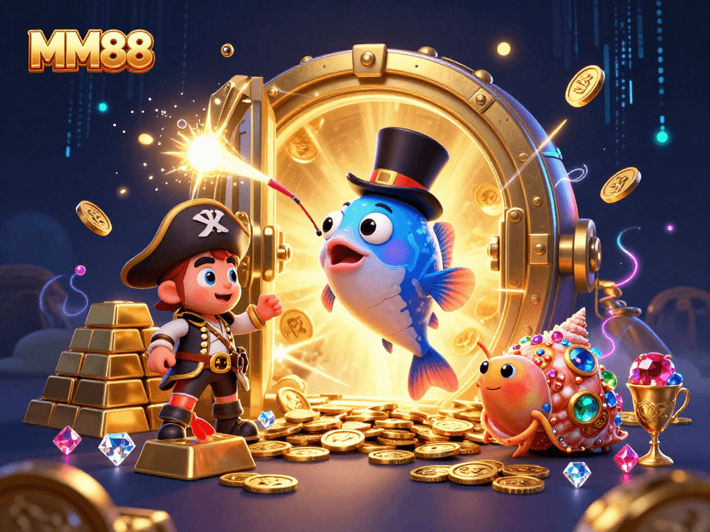Experience thrilling gambling with MM88, featuring vibrant characters and treasure elements in a dazzling casino scene.