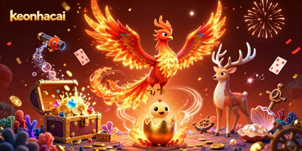 Experience keonhacai's thrilling gaming adventures surrounded by phoenixes and treasures.