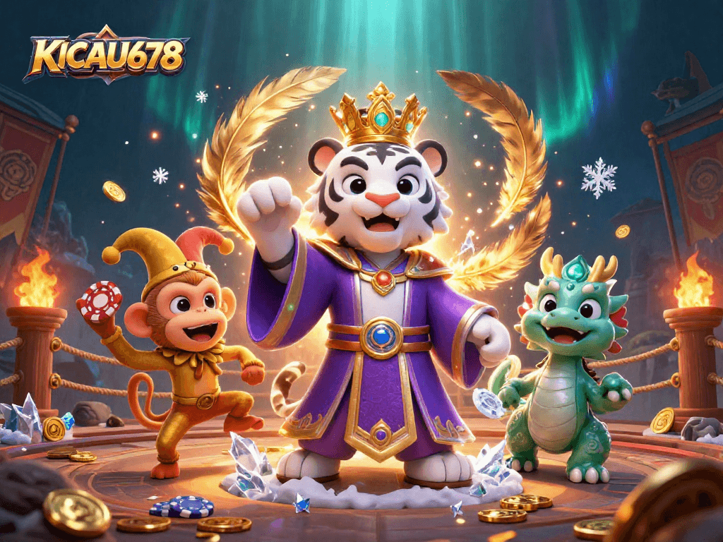 KICAU678 showcases a vibrant scene with a white tiger, golden monkey, and jade dragon amid thrilling casino elements.