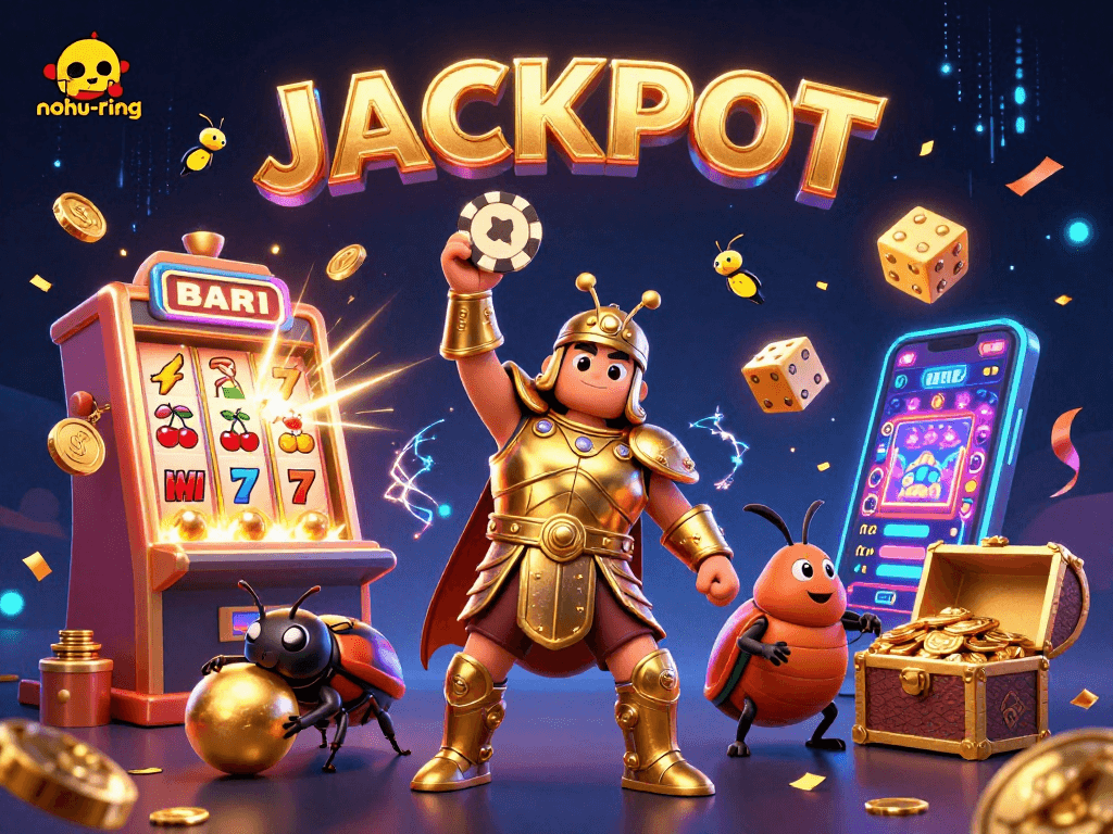 Nohuring players spin slots and win big, as illustrated by a victorious beetle and jackpot explosion.