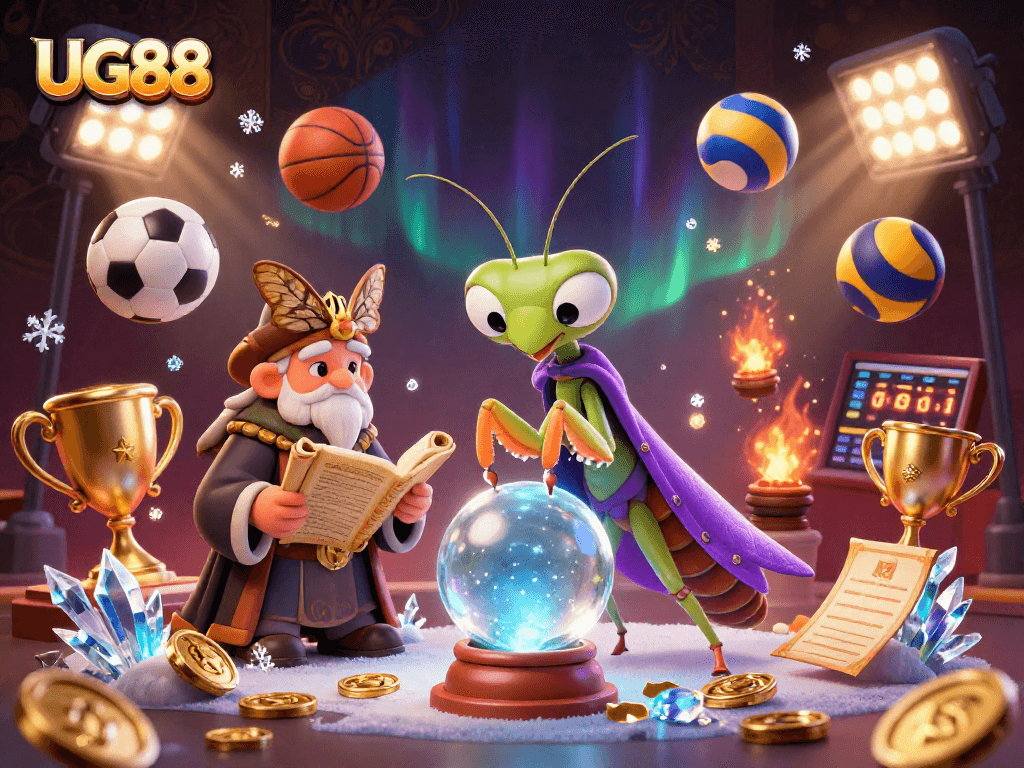 Experience thrilling gameplay with UG88's dynamic sports betting concept featuring vibrant characters and symbols.