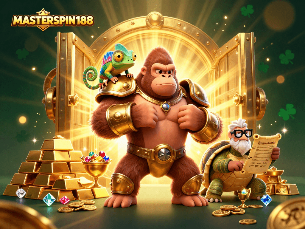 Engage with MASTERSPIN188's vibrant 3D casino scene featuring a gorilla king and treasures.