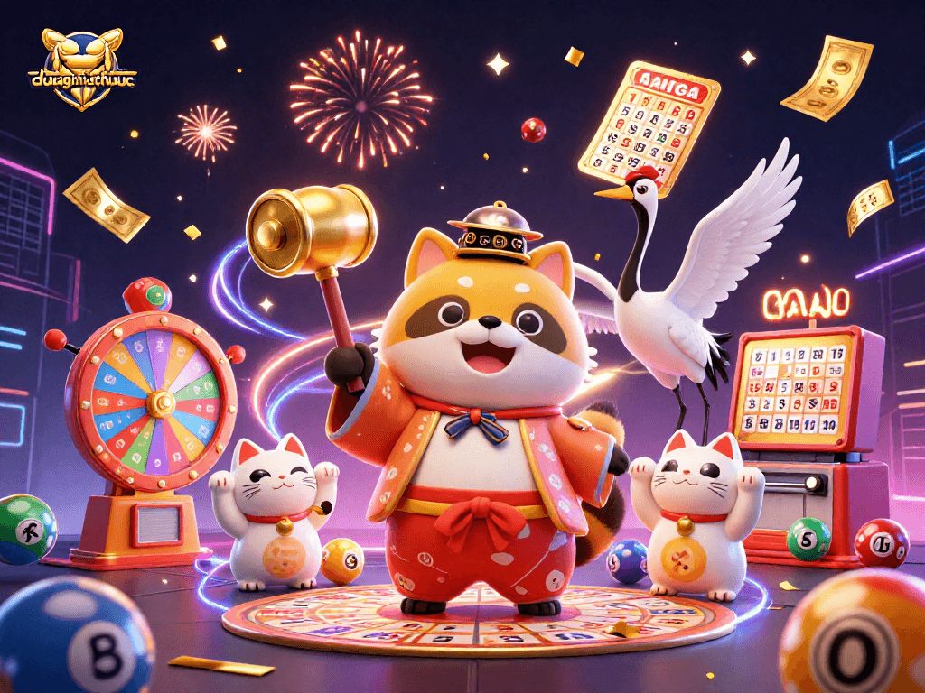 Engage with duongmatchuoc through vibrant 3D illustration featuring casino elements and lucky characters.