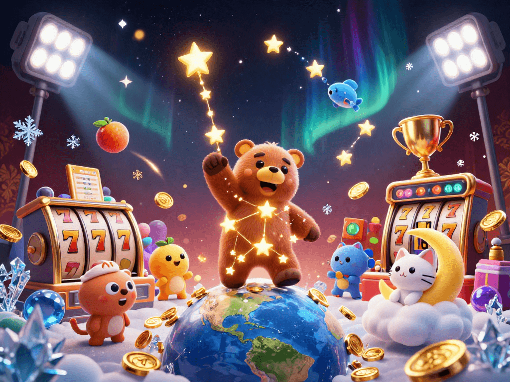 Engage with pinatawinsslot as a constellation bear scoops gold coins amidst exhilarating slot game elements.