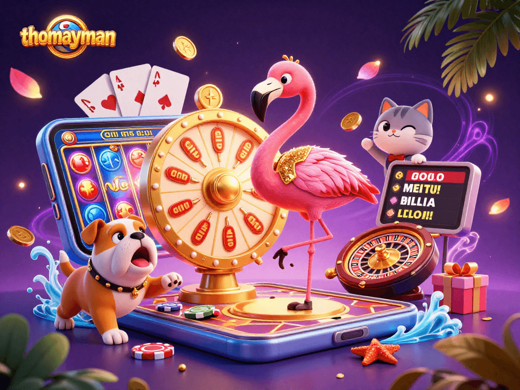 Engage with thomayman for exciting gameplay and jackpot rewards in a vibrant casino-themed scene.