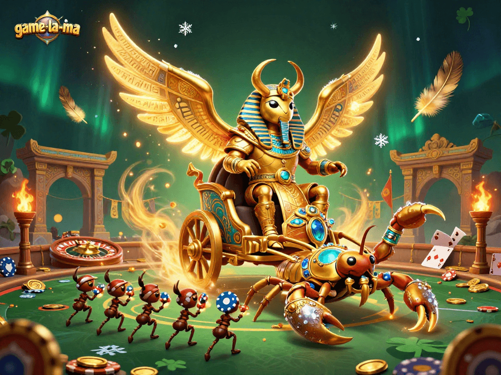 Experience thrilling casino excitement with game-la-ma's dynamic 3D illustration of vibrant characters and elements.