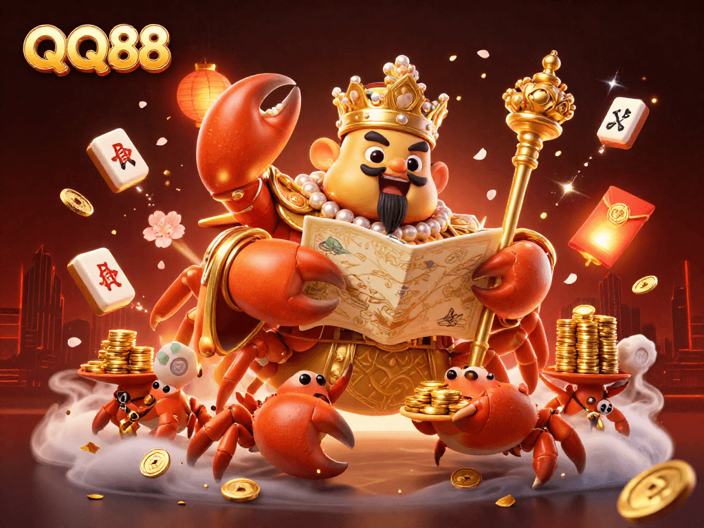 Experience the excitement of QQ88 with a vibrant 3D illustration showcasing a golden crab emperor leading a treasure-filled adventure.