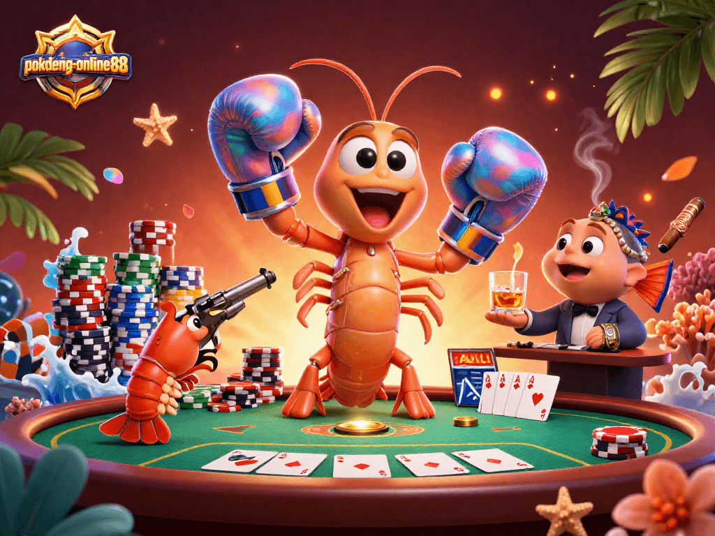 Experience the excitement of poker with pokdeng-online88 featuring vibrant shrimp characters in an action-packed scene.