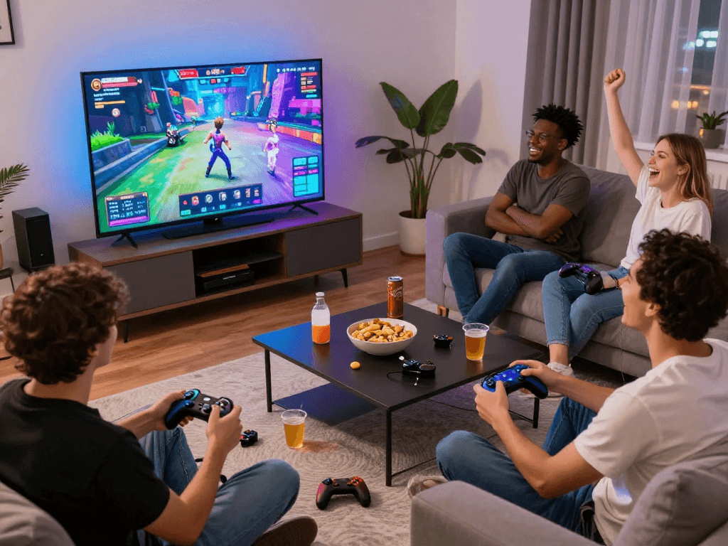 Exciting group playing an online porn game in a cozy living room.