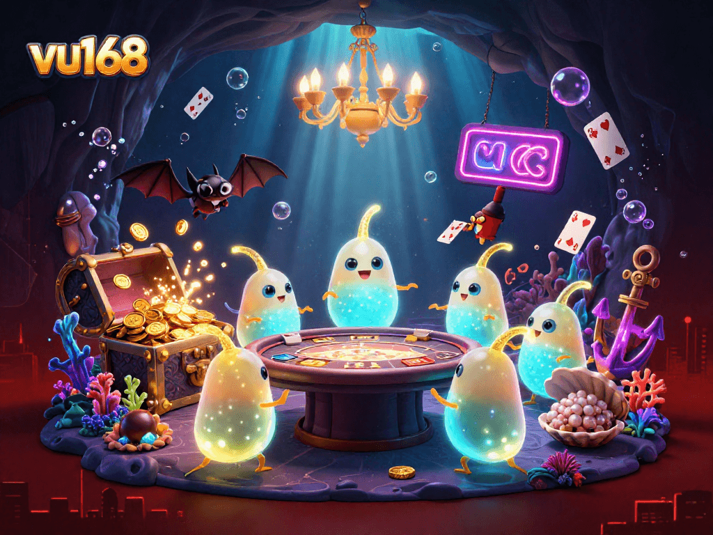 Experience exciting gaming at vu168 with glowing glowworms, treasure chests, and vibrant casino elements in a dazzling scene.