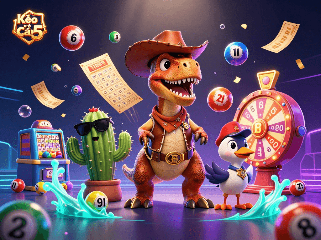 Kèo Nhà Cái 5 highlights a vibrant casino scene with a cowboy dinosaur and interactive lottery elements.