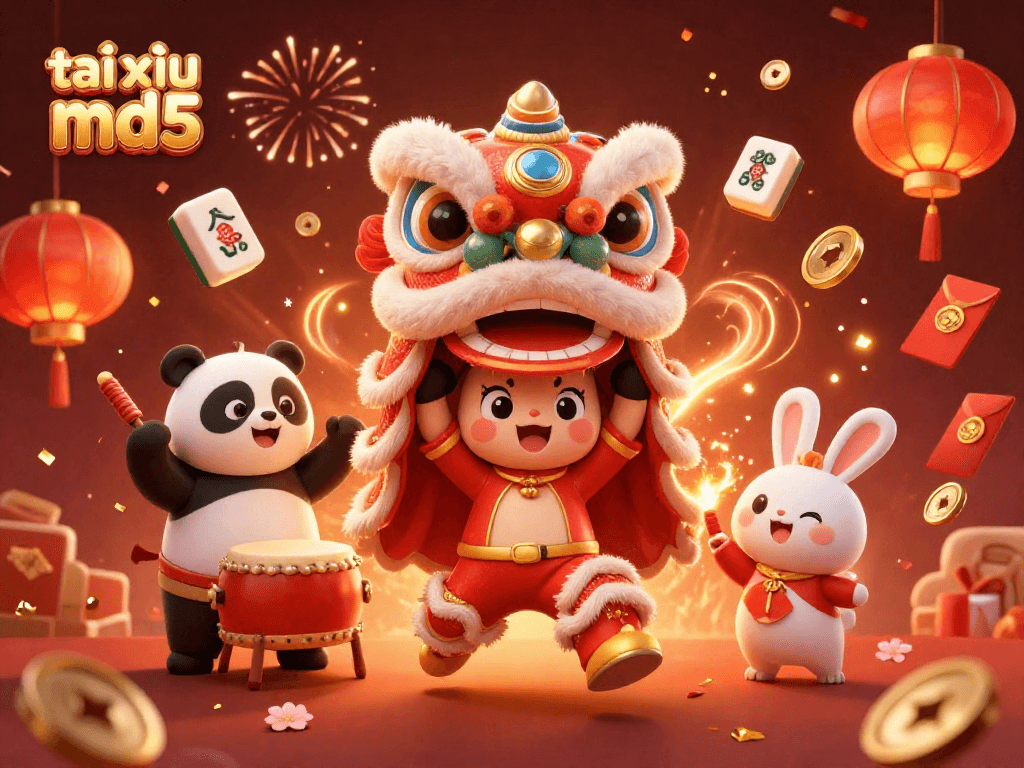 Engage with tài xỉu md5 through this vibrant 3D lion dance scene enriched with gaming elements.