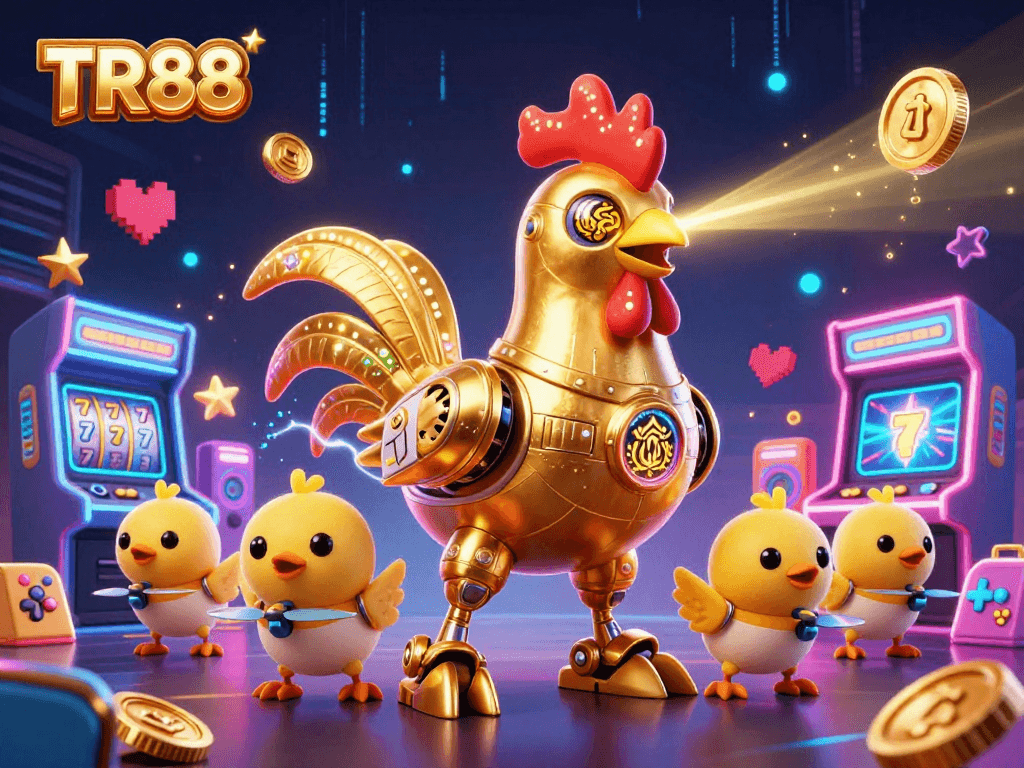 TR88 showcases a vibrant 3D illustration with a golden rooster robot and gaming elements.