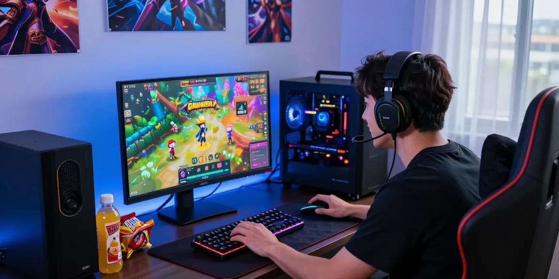 Gamer enjoying gacha168 game with vibrant visuals and RGB setup