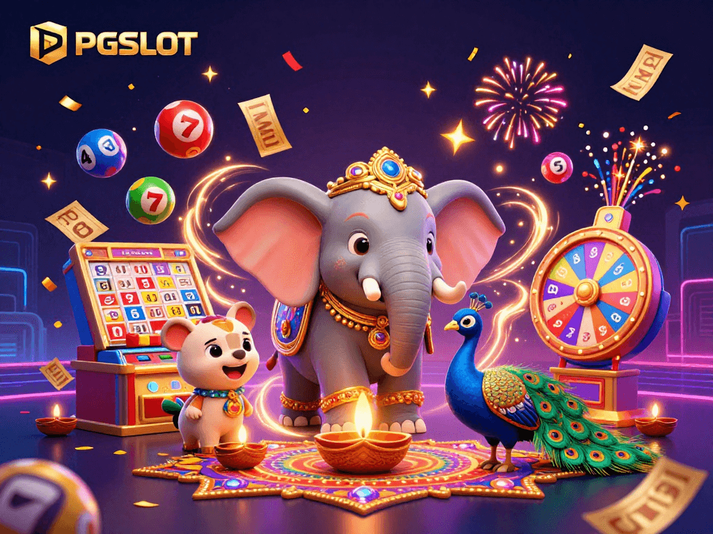 Experience the excitement of PGSLOT with a vibrant 3D casino scene featuring colorful characters and dynamic slot elements.