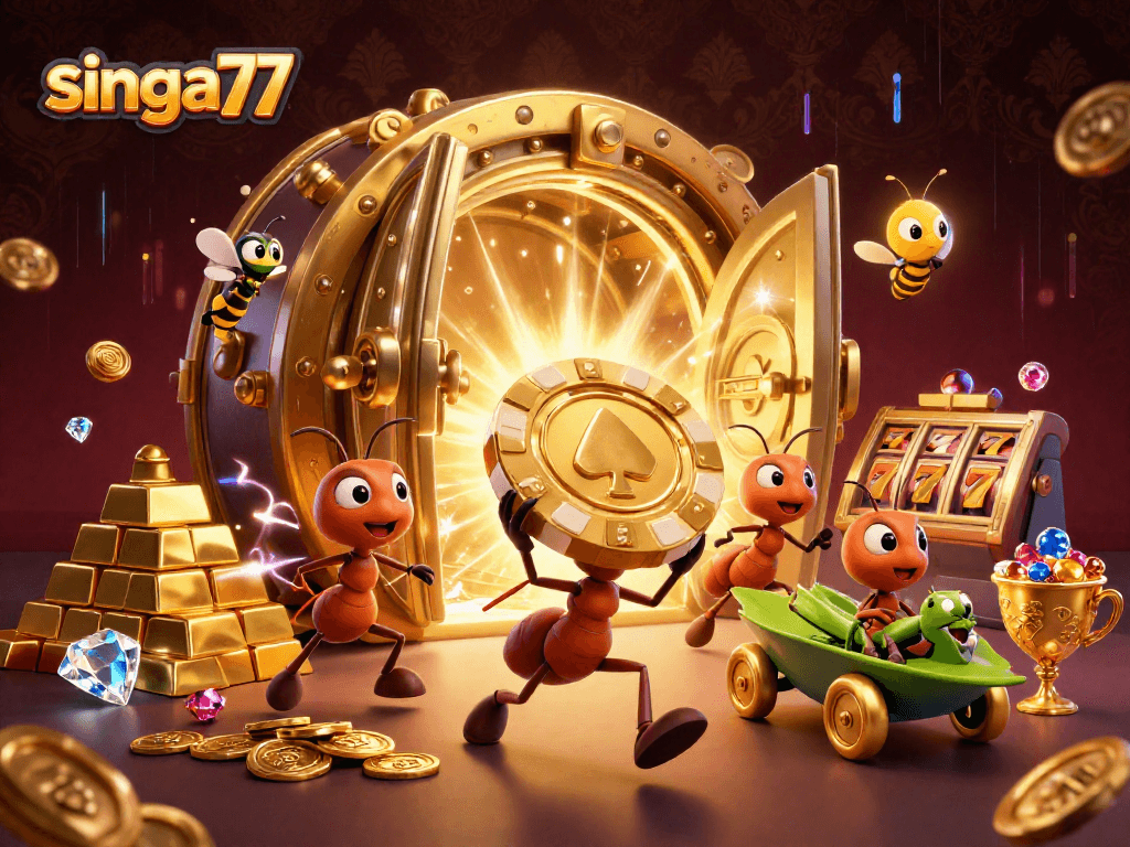 Singa77 ants executing a thrilling heist in a vibrant casino tunnel with treasures.