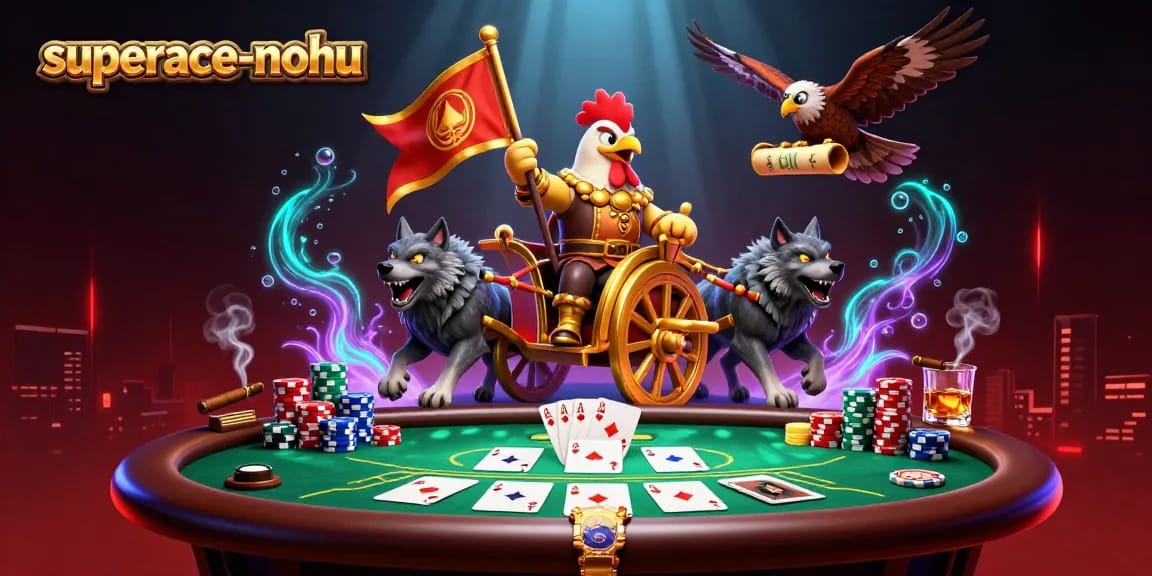 Experience superace-nohu action with vibrant poker elements and epic character designs in this dynamic illustration.