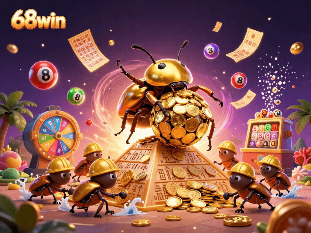 68win logo with golden beetle and dynamic lottery elements in a vibrant casino scene.