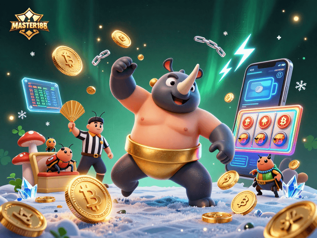 Win big with MASTER188 in a vibrant 3D casino scene filled with slot machines and golden coins.