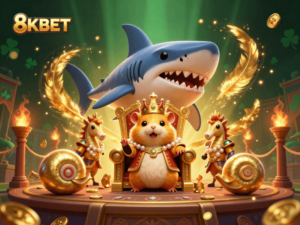 Engage with the thrilling world of 8KBET casino through a vibrant 3D illustration featuring a tiny golden hamster king, and dynamic gaming elements.
