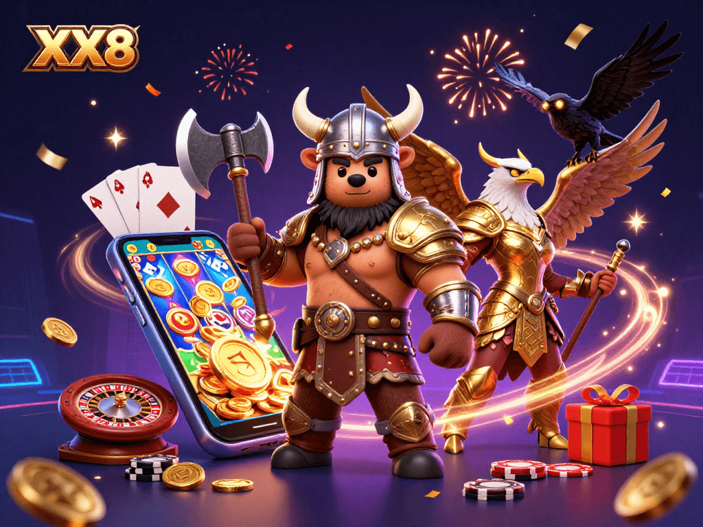 Engage with exhilarating slot games at XX8, as Viking heroes and magical elements swirl around in a dynamic 3D scene.