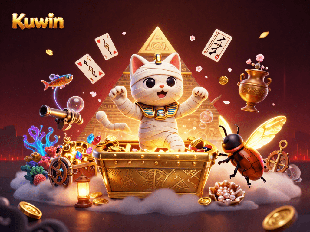 Kuwin showcases a 3D cartoon Egyptian mummy cat and scarab beetle in a vibrant casino scene, bursting with excitement.