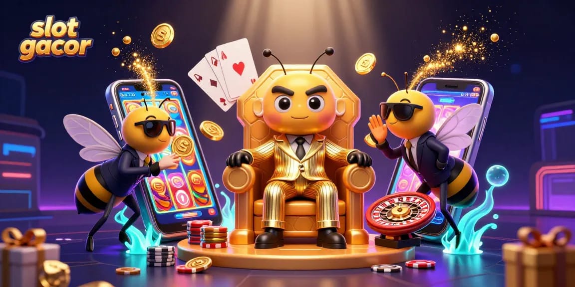 Permainan slot gacor dengan bumblebee bos di ruang mahoni, penuh koin emas dan kartu.