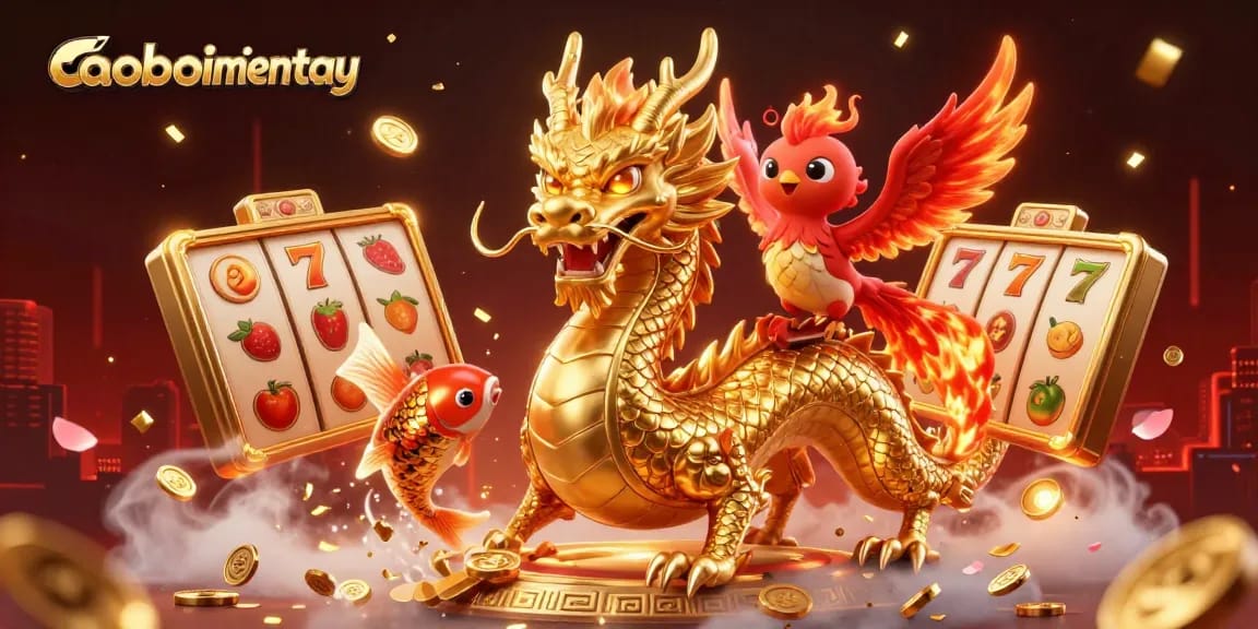 Experience caoboimientay with a dynamic 3D illustration featuring a dragon, phoenix, and koi fish amidst slot reels.