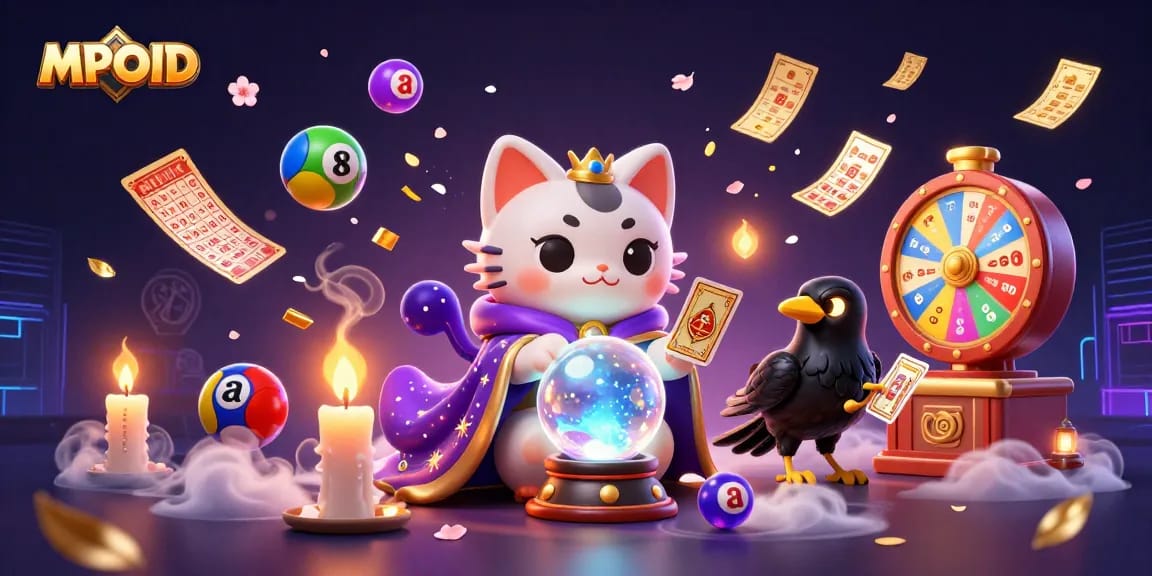 Engage with MPOID's vibrant lottery scene featuring a mystic cat and tarot raven.