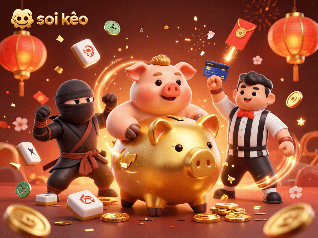 Soi kèo showcases a vibrant 3D illustration of a sumo wrestler piggy bank amidst a celebration of gold coins and confetti.