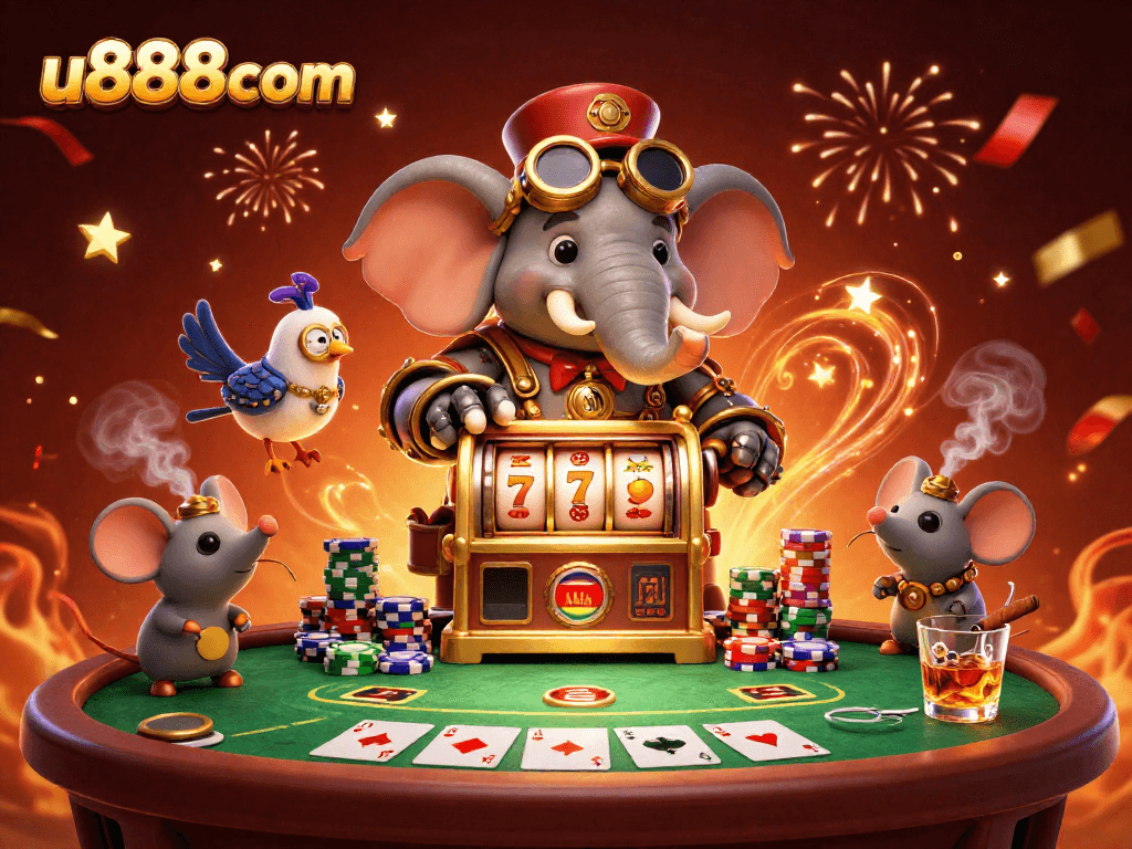 Experience thrilling gameplay innovations at u888com with steampunk characters celebrating big wins at a poker game.