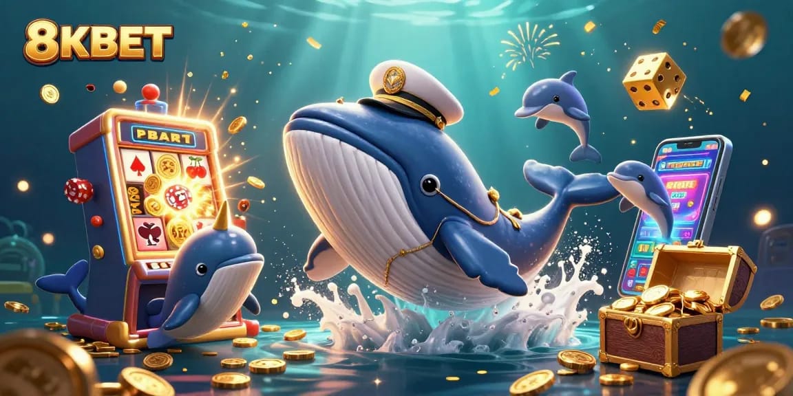 Experience thrilling gameplay at 8KBET with a vibrant underwater casino scene featuring exciting characters and dynamic elements.