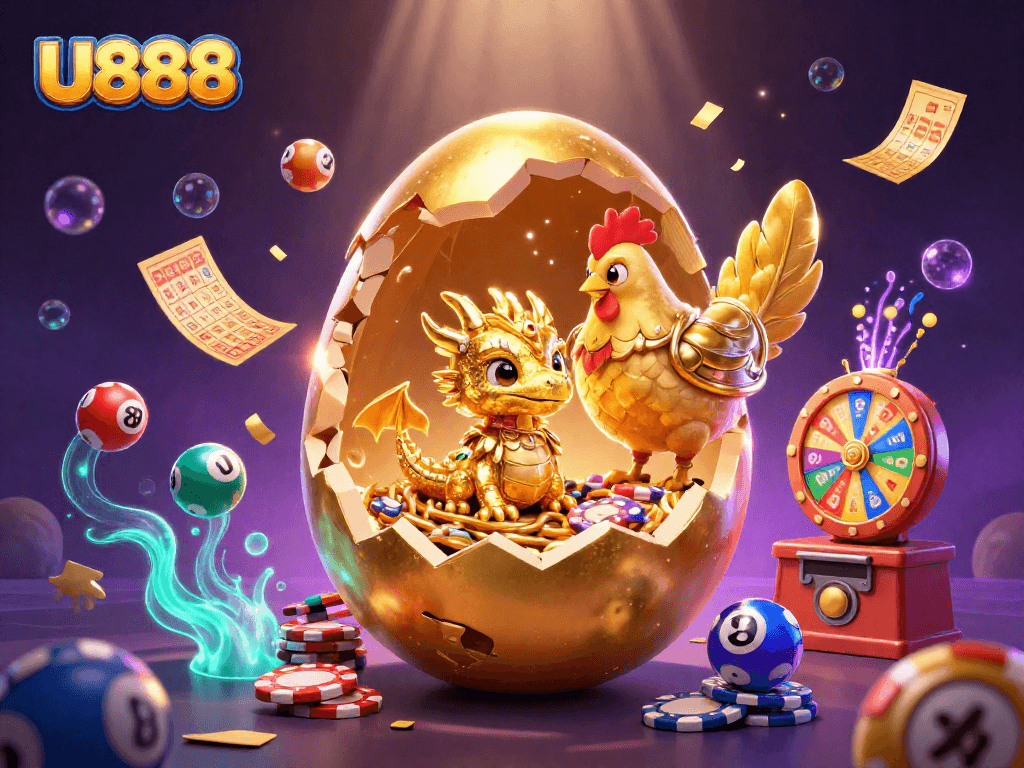 Engage with U888's exhilarating lottery experience featuring sparkling elements and a dynamic playful atmosphere.