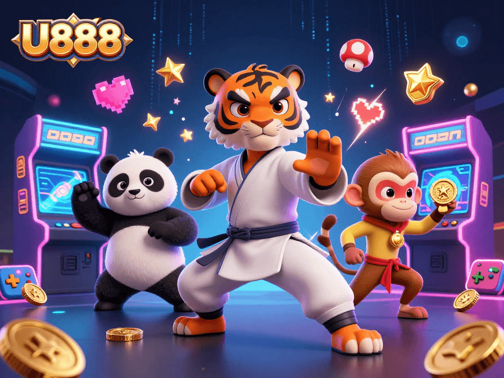 Play exciting games at U888 with a vibrant 3D cartoon scene featuring masters and fun gaming elements.