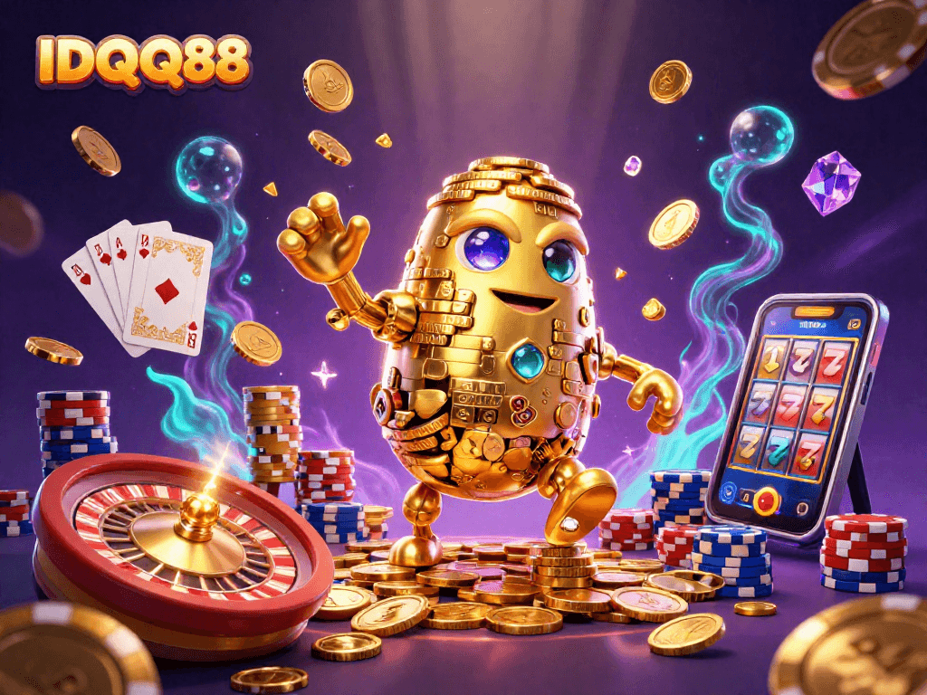 Spin to win with IDQQ88 in a vibrant casino world, featuring golden golems and dynamic game elements.