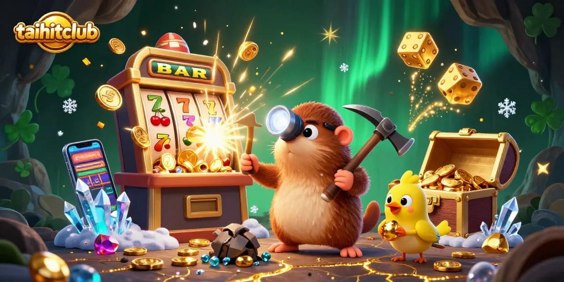 Experience big wins at taihitclub with a vibrant 3D illustration of a treasure hunter mole amidst vibrant casino symbols.