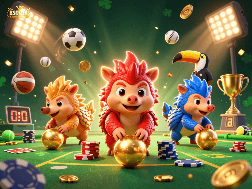 Experience the excitement of BSO188 with rival pangolins in a casino showdown, surrounded by sports elements and dynamic action.