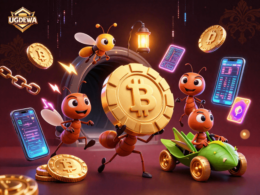 Engage with UGDEWA's thrilling heist scene featuring ants carrying a golden poker chip amidst a vibrant crypto landscape.