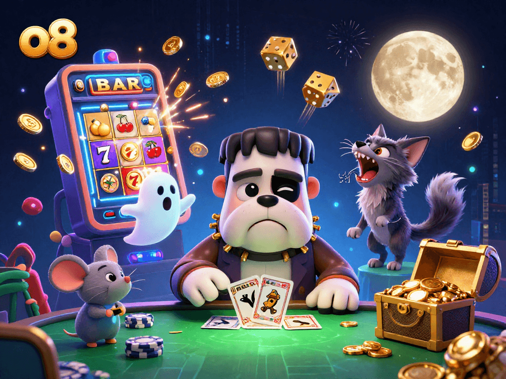 Experience thrilling gameplay with o8's engaging characters and jackpot excitement in a dynamic casino scene.