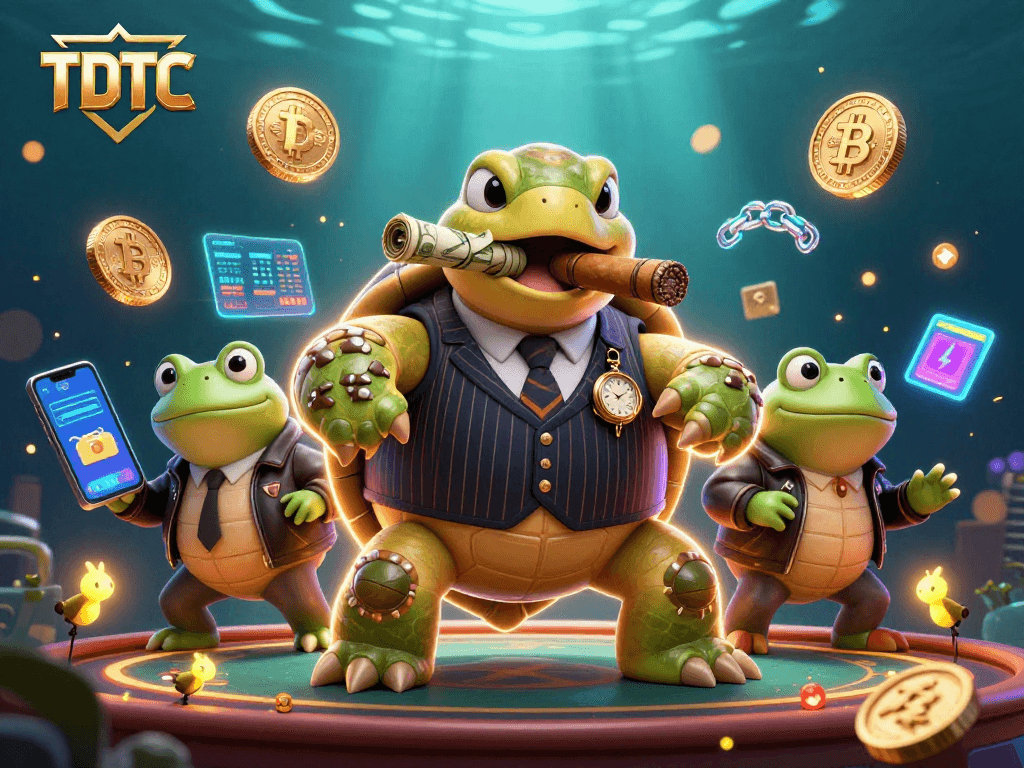 Engage with TDTC's vibrant gaming scene featuring a mobster turtle and crypto elements.