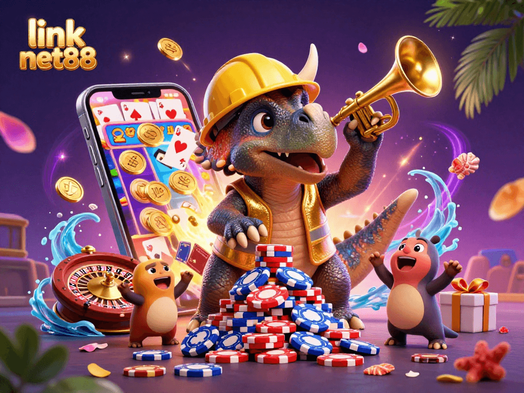 Experience the excitement of link net88 with vibrant casino elements in this dynamic 3D illustration.