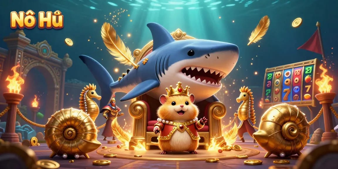 Nổ Hũ jackpot scene with a fierce hamster king and slot reels, inviting players to win big.