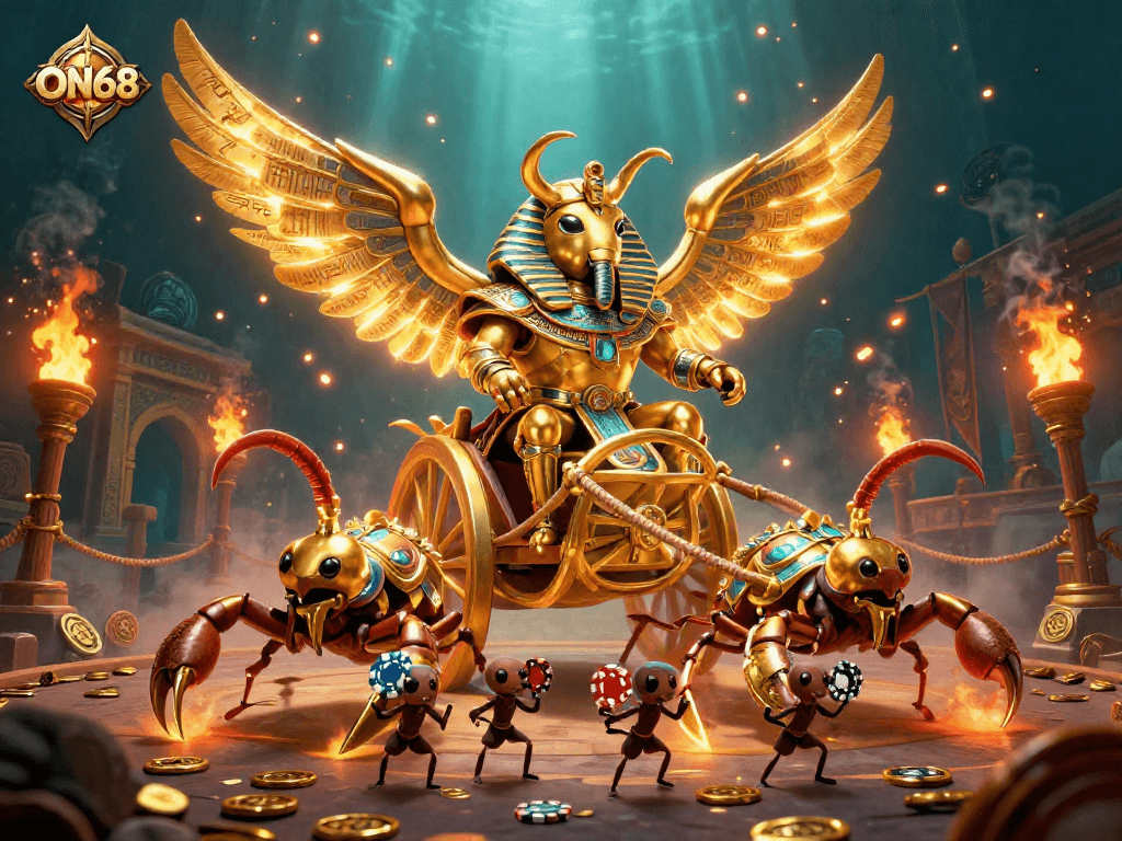 Engage with the thrilling world of ON68 through epic casino adventures featuring a golden scarab chariot and poker chips.