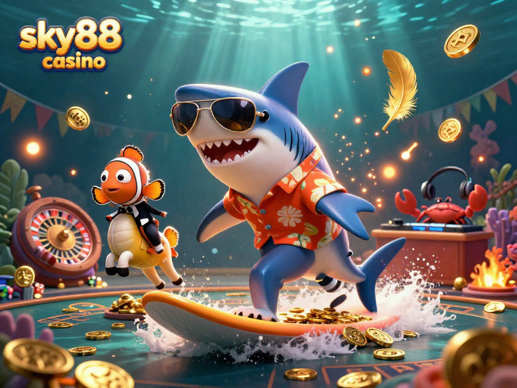 Experience the thrill of sky88 casino with dynamic elements featuring golden coins, a lively shark, and immersive visuals.