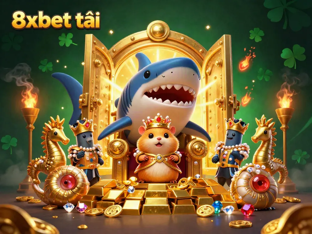 Experience the excitement of 8xbet tải with our golden hamster king in a treasure-filled scene, crowned with gems and wealth.